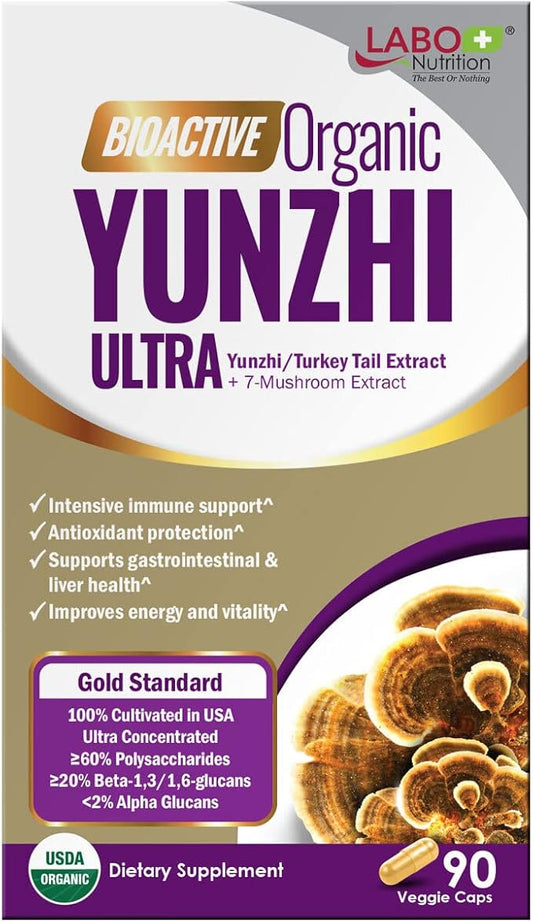 LABO Nutrition Bioactive Organic Yunzhi/Turkey Tail Ultra - 7 Mushroom Extract Supplement, Turkey Tail Cordyceps Maitake Reishi Agaricus blazei Shiitake for Immunity No Fillers Vegan USDA Organic