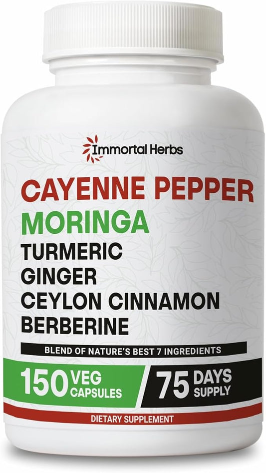 Cayenne Pepper Moringa Turmeric Ginger Capsules, 150 Pills, Gut Health Supplement w/Extra Strength, Non-GMO & Gluten Free, Pure Berberine HCL and Ceylon Cinnamon Extract Powder