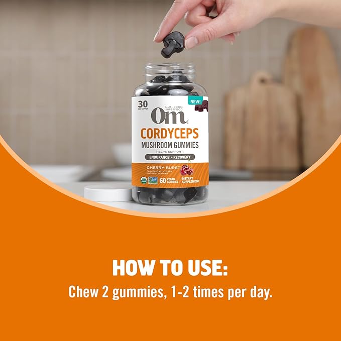 OM MUSHROOM SUPERFOOD Cordyceps Gummies, USA Grown Organic Mushrooms, Supports, Endurance, Energy, & Recovery, 60 Count, 30 Servings Gummy Supplements