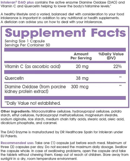 DAO Plus Digestive Enzymes - 50 Capsules | Supplement for Histamine Intolerance & DAO Deficiency | Healthy Histamine Levels | 30,000 HDU Diamine Oxidase (DAO) Enzyme | Vitamin C & Quercetin