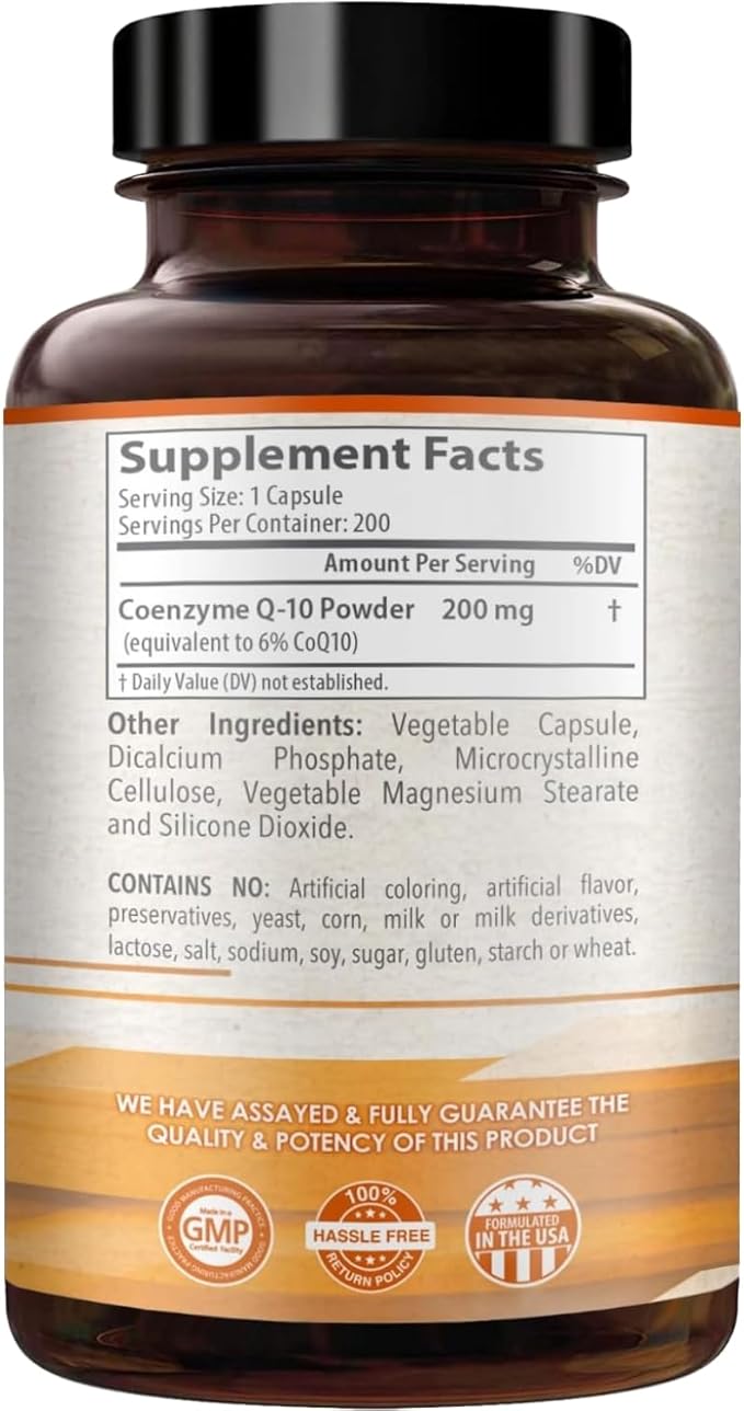 Coenzyme Q10 200mg CoQ10 Supplement -Once Daily CoQ10 200mg Powder Capsules for Heart Health, Antioxidant & Energy Support -Non-GMO, Quick Absorption Ubiquinone Q10 Coenzyme (Single)