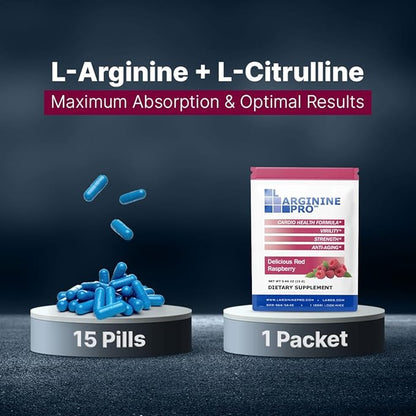 L-ARGININE PRO Supplement Powder | 60 Packets Single Serve Travel Size | 5,500mg of L-arginine Plus 1,100mg L-Citrulline, Raspberry