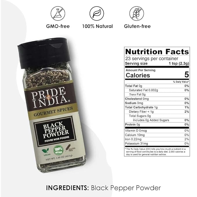 Pride of India – Black Pepper Ground – Ideal for Gourmet Dishes/Soups/Stews/Rubs – Fresh & Preservatives Free – Warming Spice – Easy to Use – 1.65 oz. Small Dual Sifter Jar