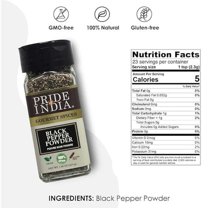 Pride of India – Black Pepper Ground – Ideal for Gourmet Dishes/Soups/Stews/Rubs – Fresh & Preservatives Free – Warming Spice – Easy to Use – 1.65 oz. Small Dual Sifter Jar