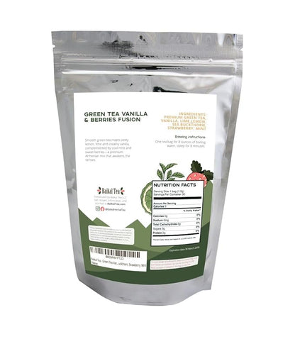 Baikal Tea Green Tea Vanilla & Berries Fusion – Antioxidant-Rich Herbal Blend with Sea Buckthorn, Lime and Mint – Fruity & Smooth Flavor, Caffeine Boost – 100% Natural 30 Tea Bags