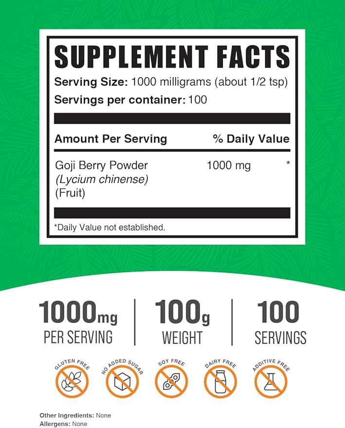 BulkSupplements.com Goji Berry Powder - Goji Berries Supplement, Wolfberry Powder - Vegan & Gluten Free, 1g per Serving, 100g (3.5 oz) (Pack of 1)