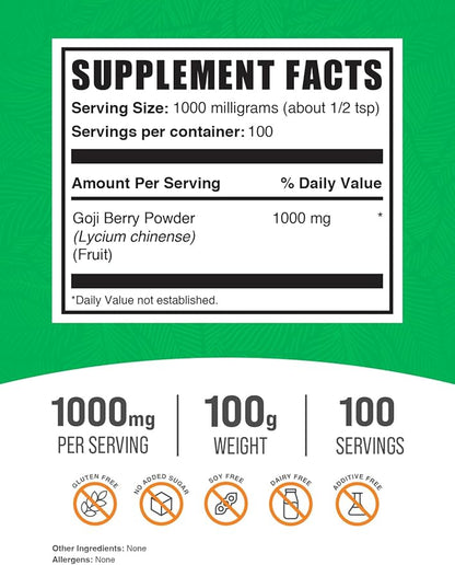 BulkSupplements.com Goji Berry Powder - Goji Berries Supplement, Wolfberry Powder - Vegan & Gluten Free, 1g per Serving, 100g (3.5 oz) (Pack of 1)