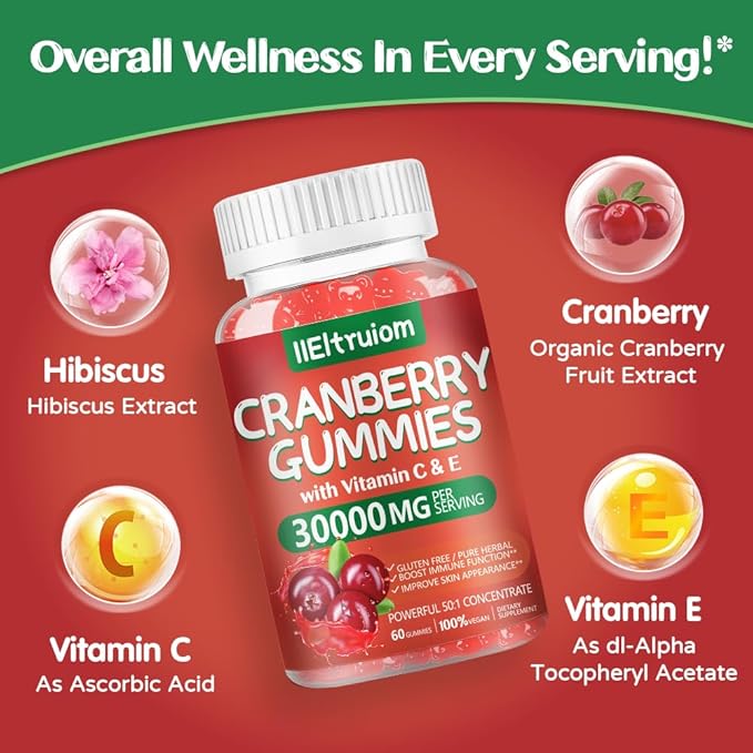 Cranberry Gummies Urinary Tract Health for Women & Men, 50X Concentrate Extrac, Vitamin C & E, Cranberry Gummies for Women with Hibiscus to Support Immune, 60 Counts