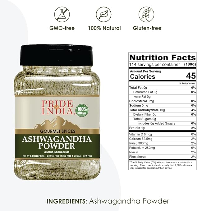 Pride of India Natural Ashwagandha Root Ground | Withania Somnifera Powder | Traditional Herb Powder | Supports Energy & Body Functions | Ayurvedic Herb | Gluten-Free | 8 oz. Dual Sifter Jar