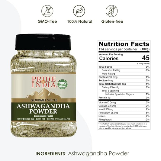 Pride of India Natural Ashwagandha Root Ground | Withania Somnifera Powder | Traditional Herb Powder | Supports Energy & Body Functions | Ayurvedic Herb | Gluten-Free | 8 oz. Dual Sifter Jar