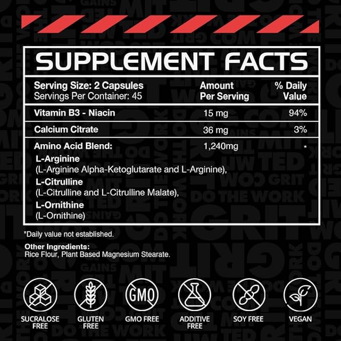 Gains in Bulk L Arginine Amino Acids Supplement for Nitric Oxide Support, Supplements for Men with L-Arginine, L Citrulline and L Ornithine, Muscle Pump, Energy and Heart Health Support, 90 Capsules