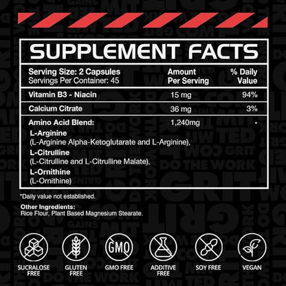 Gains in Bulk L Arginine Amino Acids Supplement for Nitric Oxide Support, Supplements for Men with L-Arginine, L Citrulline and L Ornithine, Muscle Pump, Energy and Heart Health Support, 90 Capsules