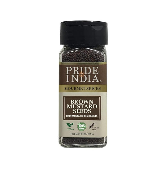Pride of India – Brown Mustard Seed Whole – Gourmet Indian Spice – Hot & Spicy Flavor – Ideal seasoning for sauces/dips/spice blends – Easy to Use – 2.5 oz. Small Dual Sifter Bottle