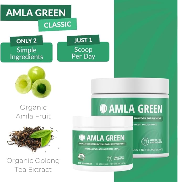 Amla Powder & Green Tea Superfood Supplement with Indian Gooseberries & Hibiscus, Organic, Vegan, 30 Servings