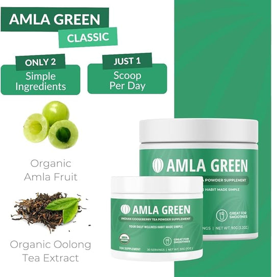 Amla Powder & Green Tea Superfood Supplement with Indian Gooseberries & Hibiscus, Organic, Vegan, 30 Servings