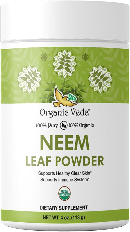 Organic Veda Neem Leaf Powder - Gentle Dried Organic Neem Leaves Powder - Herbal Supplement for Skin, Gut Cleanse & Immune Support - Non-GMO, Gluten-Free, Vegan – 4 oz