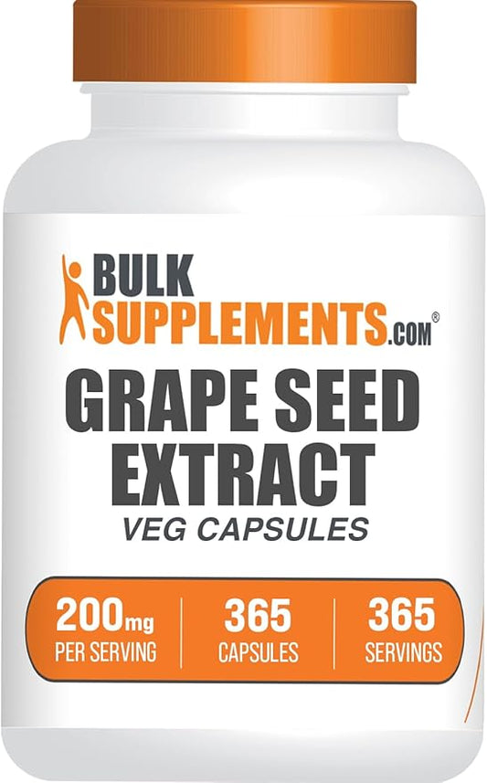 BulkSupplements.com Grape Seed Extract Capsules - Antioxidant Supplement, Grape Seed Extract 200mg - Vegan & Gluten Free, 1 Capsule per Serving, 365 Veg Capsules (Pack of 1)