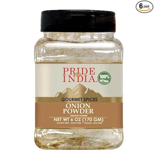 Pride of India - PACK of 6 - Onion Fine Ground 6 oz (170 gm) Medium Dual Sifter Jar | Gourmet Spice for Cooking | Pantry Essential | Adds Flavor to Sauces/Dips/Rubs/Marinades | Easy to Store