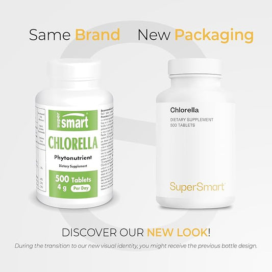 Supersmart - Chlorella Supplement 4 g per Day (Easy-to-Take) - Rich in Vitamin B2, B9, B12 & Iron - High Chlorophyll Concentration | Non-GMO & Gluten Free - 500 Tablets