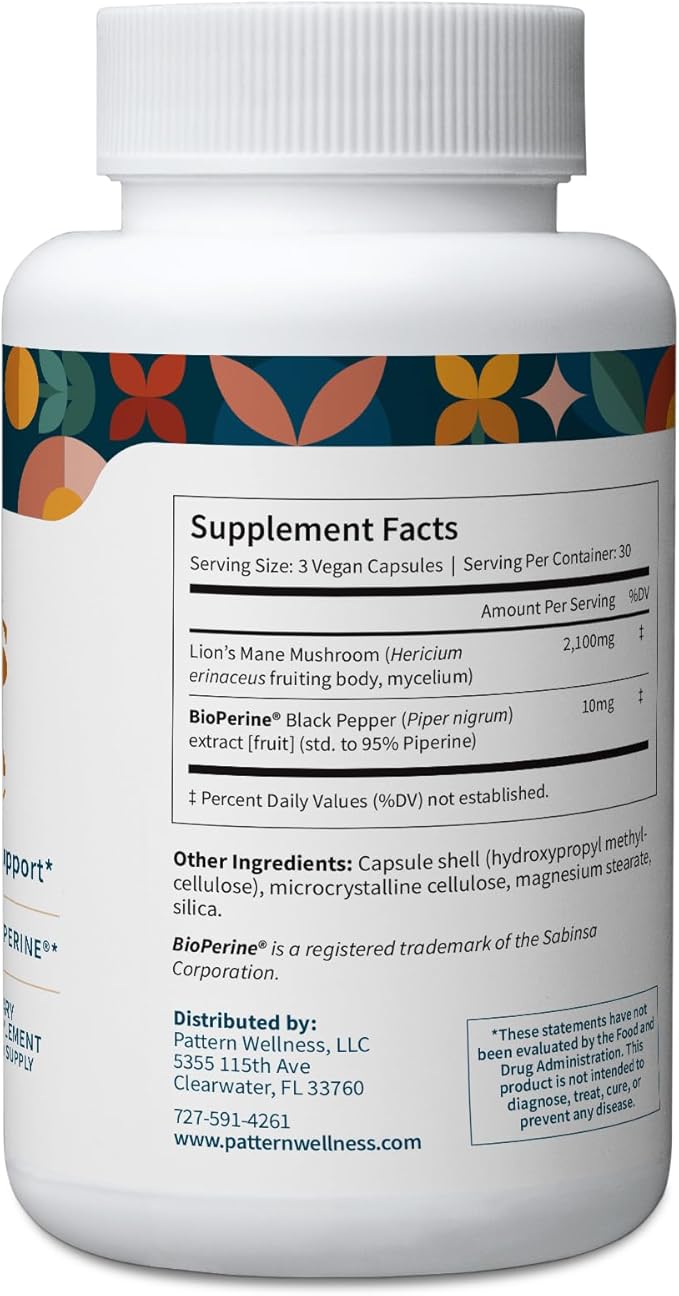 Pattern Wellness Lion's Mane Supplement - Brain Health SuperFood Mushroom - Cognitive & Cell Support - 3rd Party Lab Tested - 90 Veggie Capsules