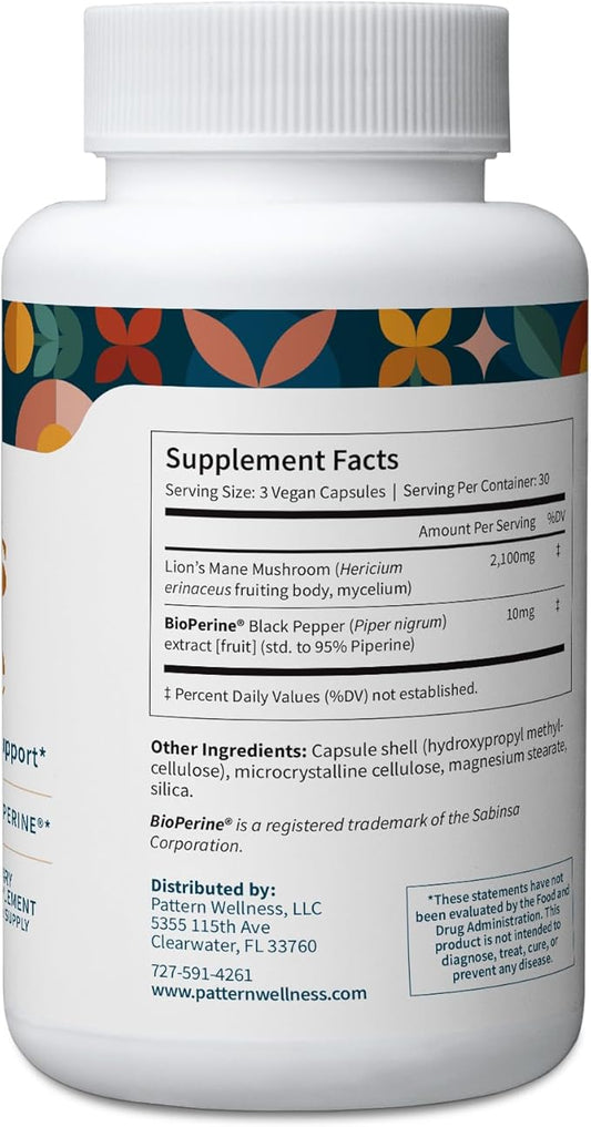 Pattern Wellness Lion's Mane Supplement - Brain Health SuperFood Mushroom - Cognitive & Cell Support - 3rd Party Lab Tested - 90 Veggie Capsules