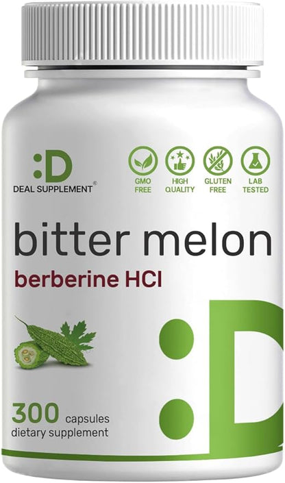 Bitter Melon with Berberine Supplement 15,000mg Per Serving, 300 Capsules | 15:1 Wild Bitter Melon Fruit Extract & Berberine HCL | Third Party Tested | Plant Based, Non-GMO