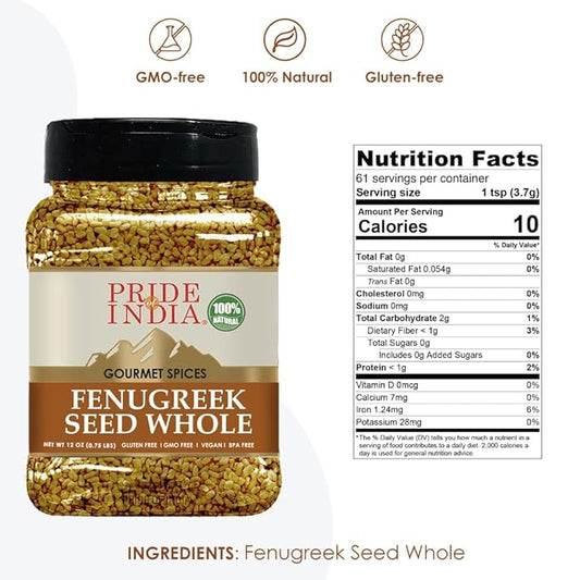 Pride of India – Fenugreek Seed Whole – Whole & Gourmet Indian Spice – Ideal Seasoning for Cooking – Free of Preservatives – Easy to Use – 12 oz. Medium Dual Sifter Jar