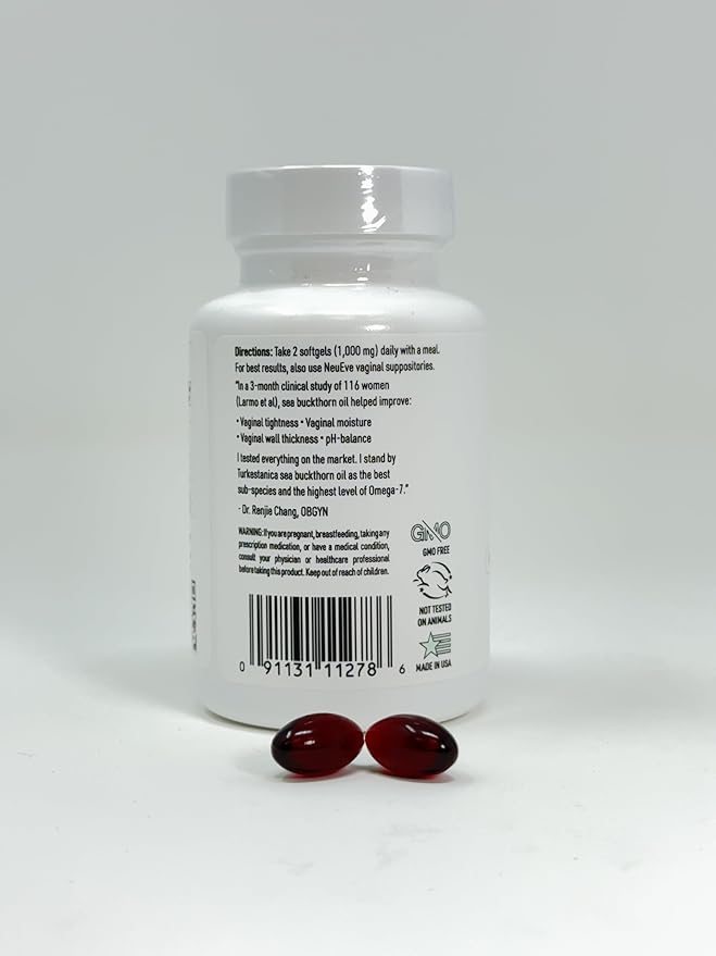 NeuEve Feminine Moisture Support Supplements with Sea Buckthorn Oil, Omega-7 for Vaginal Dryness, pH Balance & Moisture | 60 Vegan Softgels | 1-Month Supply