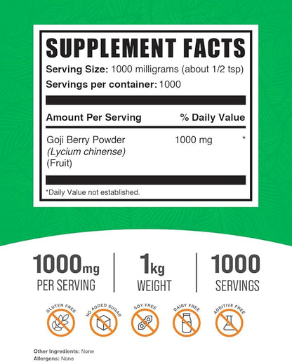 BulkSupplements.com Goji Berry Powder - Goji Berries Supplement, Wolfberry Powder - Vegan & Gluten Free, 1g per Serving, 1kg (2.2 lbs) (Pack of 1)