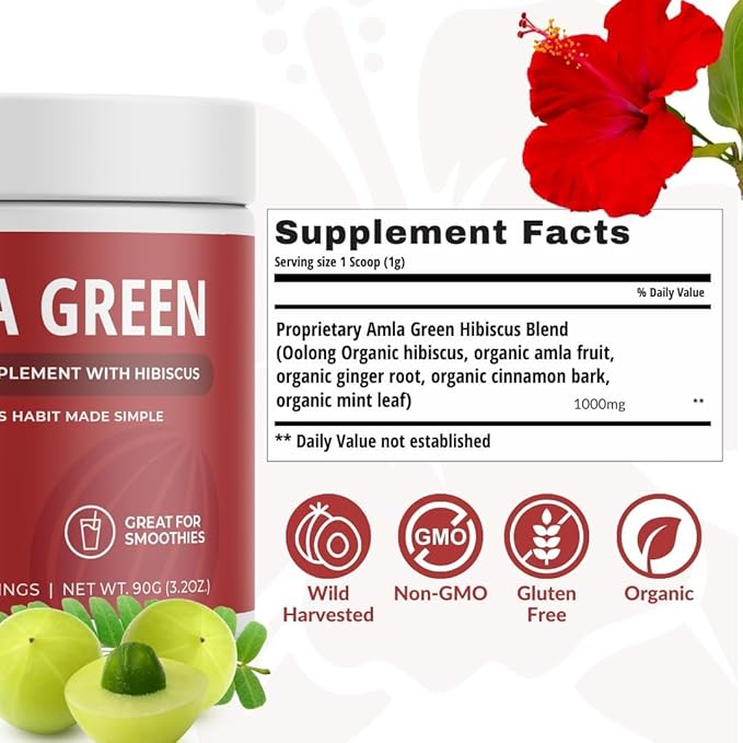 Amla Powder & Green Tea Superfood Supplement with Indian Gooseberries & Hibiscus, Organic, Vegan, 30 Servings