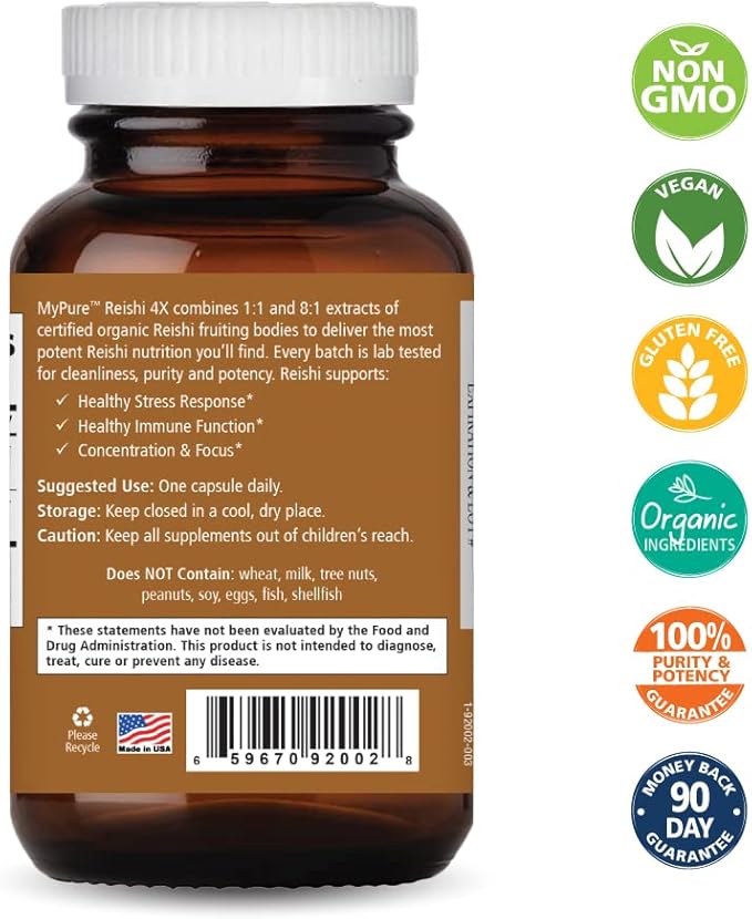 PURE ESSENCE LABS MyPure Reishi 4X Organic Mushrooms Supplement - 100% Real Mushroom Extract for Immune Support, Stress Relief, Build Energy (60 Capsules)