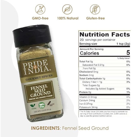 Pride of India – Fennel Seed Ground – Natural & Gourmet Spice – Perfect Addition to Tea/Drinks/Roast/Rubs/Bakes/ - Cooling Properties – Easy to Use – 1.8 oz. Small Dual Sifter Jar