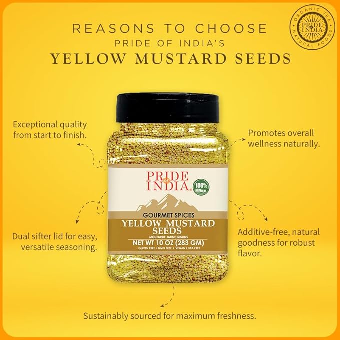 Pride Of India – Yellow Mustard Seed Whole – Pungent & Aromatic – Gourmet Indian Spice – Add in Salads/Dressings/Chicken/ Meat/Pickles – Easy to Store - 11 Oz (Pack of 1)