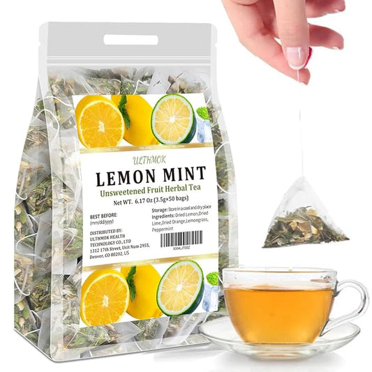 Premium 50 Lemon Peppermint Tea Bags, 100% Natural Lemon & Mint Leaves, No Additives & Caffeine Free.