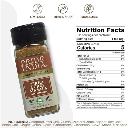 Pride of India – Tikka Curry Masala Seasoning Spice – Gourmet Curry Mix – Ideal for Vegetarian and Meat Dishes – Natural & GMO Free – Easy To Use - 2.4 oz. Small Dual Sifter Bottle
