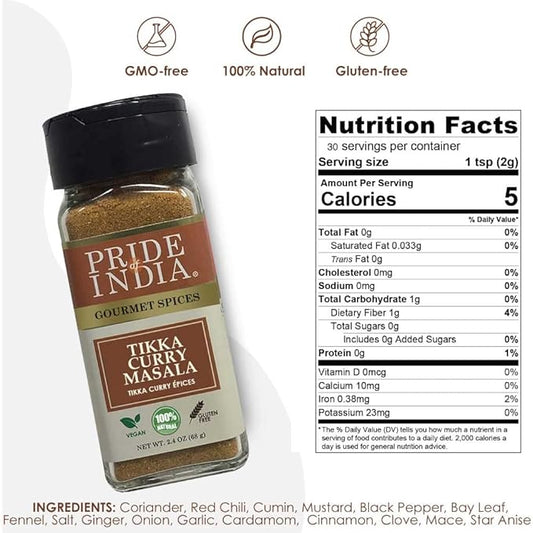 Pride of India – Tikka Curry Masala Seasoning Spice – Gourmet Curry Mix – Ideal for Vegetarian and Meat Dishes – Natural & GMO Free – Easy To Use - 2.4 oz. Small Dual Sifter Bottle