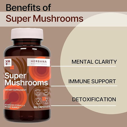 Super Mushrooms 8-in1 Capsules - Brain Booster & Immune Support Drops - Reishi, Lion`s Mane, Cordyceps, Chaga, Mitake, Turkey Tails, Shiitake, Agaricus - High Potency Extract 90 Capsules