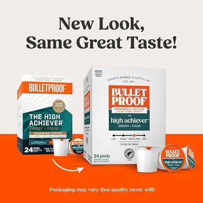 Bulletproof The High Achiever Single-Serve Pods, 24 Count, Medium-Dark Roast Enhanced Coffee with Lion's Mane Mushroom, B Vitamins, and Adaptogens for Energy and Focus