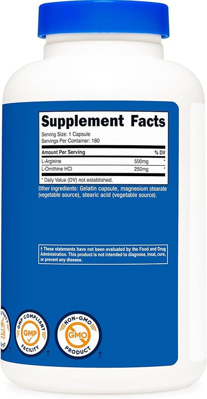 Nutricost L-Arginine L-Ornithine 750mg; 180 Capsules