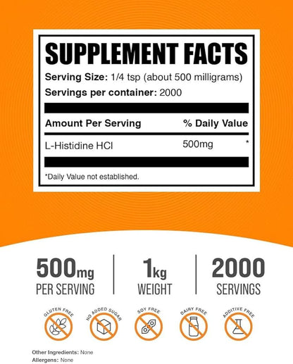 BulkSupplements.com L-Histidine HCl Powder - L-Histidine Supplement - Essential Amino Acid, Gluten Free, 500mg per Serving, 1kg (2.2 lbs) (Pack of 1)