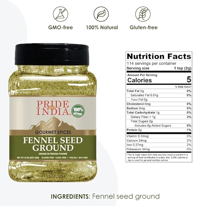 Pride Of India – Fennel Seed Ground – Natural & Gourmet Spice – Perfect Addition to Tea/Drinks/ Roast/Rubs/Bakes/ - Cooling Properties – Easy to Store – 8 oz. Medium Dual Sifter Jar