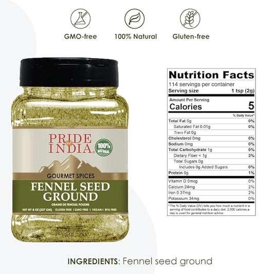 Pride Of India – Fennel Seed Ground – Natural & Gourmet Spice – Perfect Addition to Tea/Drinks/ Roast/Rubs/Bakes/ - Cooling Properties – Easy to Store – 8 oz. Medium Dual Sifter Jar