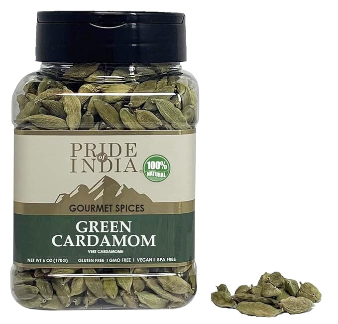 Pride of India – Green Cardamom Whole – Gourmet & Aromatic Spice – Flavoring agent for bakes/teas/drinks & more – Full Bodied Green Pods – 6 oz. Medium Dual Sifter Jar