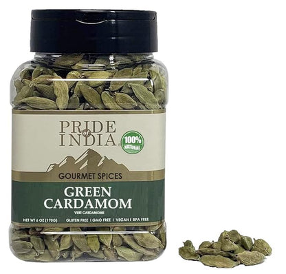 Pride of India – Green Cardamom Whole – Gourmet & Aromatic Spice – Flavoring agent for bakes/teas/drinks & more – Full Bodied Green Pods – 6 oz. Medium Dual Sifter Jar