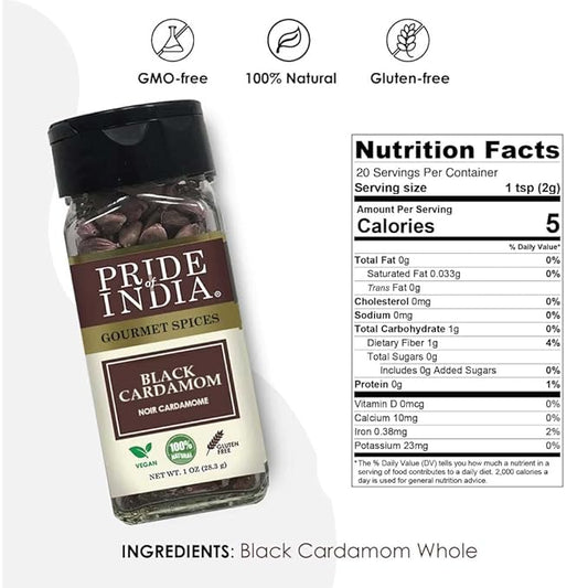 Pride of India – Black Cardamom Whole – Cardamom Pods – Firm & Smoky Flavor – Freshly Dried – Ideal for Indian & Asian Cooking – Easy to Use – 1 oz. Small Dual Sifter Bottle