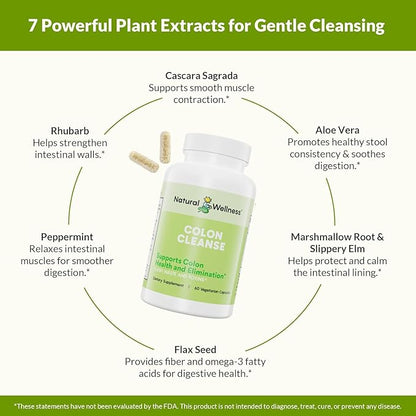 Natural Wellness Colon Cleanse – Gentle Detox with 7 Plant-Based Herbs – Supports Digestion & Regularity – Gluten Free, Vegetarian Capsules – 60 Count