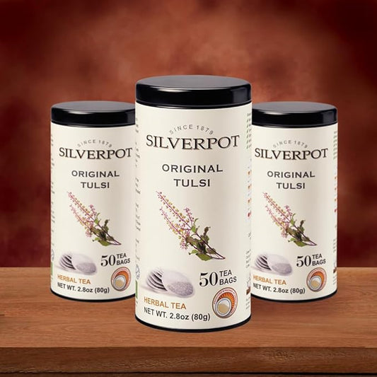 Silverpot Original Tulsi Tea - 50 Round Tea Bags | 100% Natural Holy Basil | Caffeine Free | Farm Direct | Reusable Tin