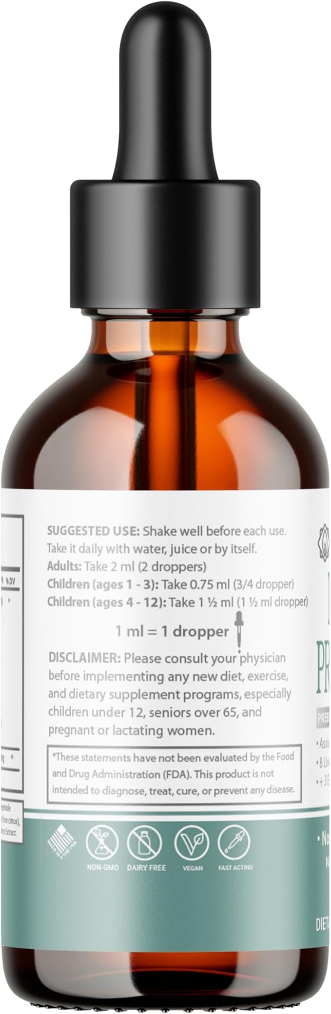 Liquid Probiotics for Women Men & Kids | Prebiotic +Ginger + Probiotics for Digestive Health | Acidophilus Probiotic | Dairy Free | Vegan | Non-GMO | Gluten Free | 30 Servings