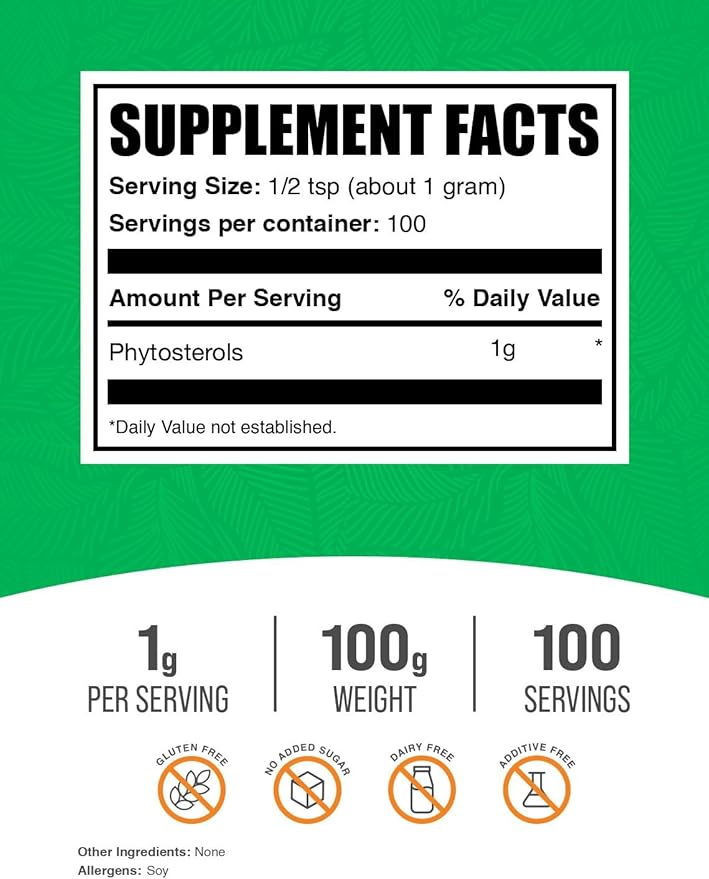 BulkSupplements.com Phytosterols Powder - Phytosterols Supplement, Beta Sitosterol Supplement - Sourced from Soy, Gluten Free, 1g per Serving, 100g (3.5 oz) (Pack of 1)