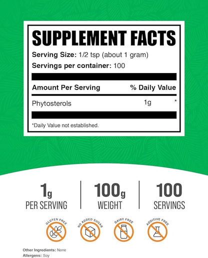 BulkSupplements.com Phytosterols Powder - Phytosterols Supplement, Beta Sitosterol Supplement - Sourced from Soy, Gluten Free, 1g per Serving, 100g (3.5 oz) (Pack of 1)
